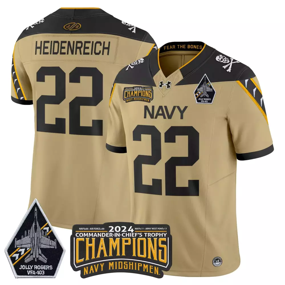 Heidenreich Midshipmen 22 Jersey Tan Commander-in-chief's Trophy Navy Jolly Rogers VFA-103 2024