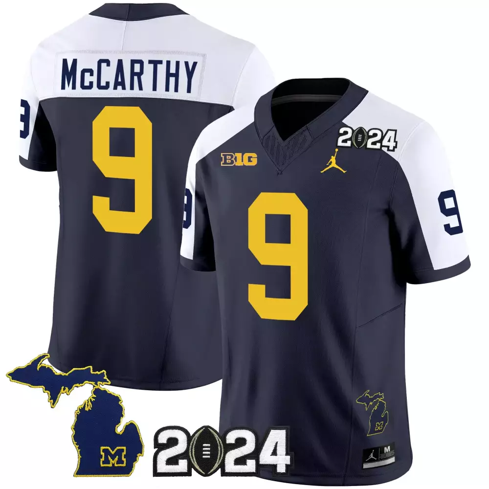 Jj Mccarthy 9 Michigan Wolverines Jersey Navy Blue 2024 Championship Big Map Outline
