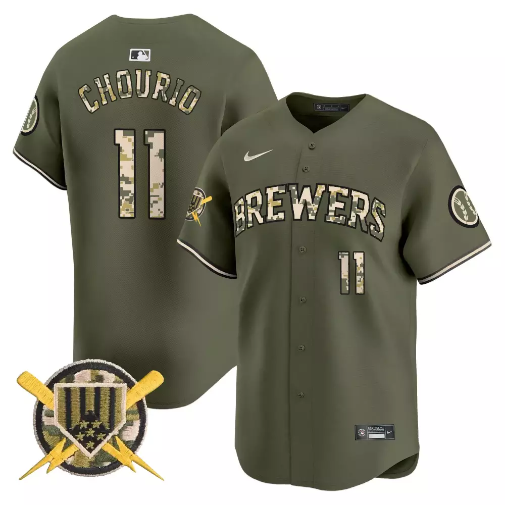 Jackson Chourio 11 Jersey Olive Green Military Appreciation Milwaukee Brewers Men
