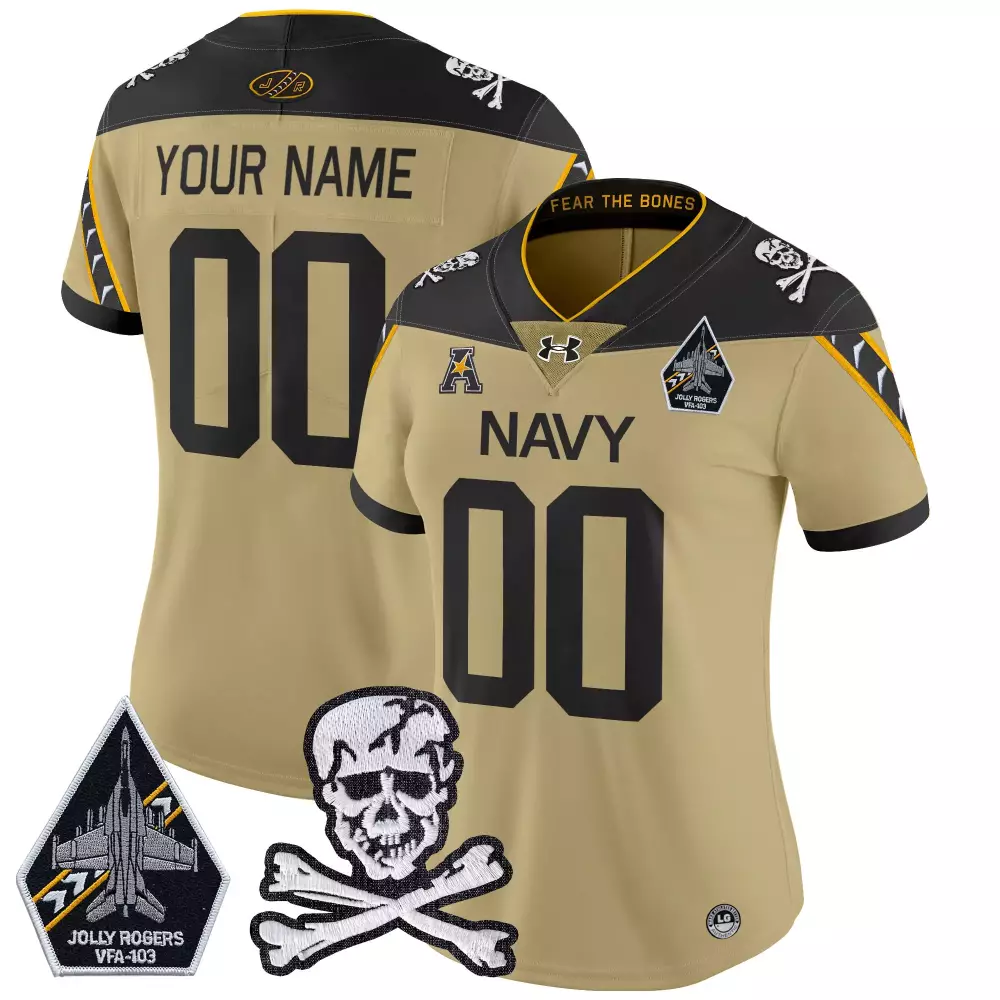 Custom Navy Jersey Tan Jolly Rogers VFA-103 Skull Crossbones Women Stitched Black
