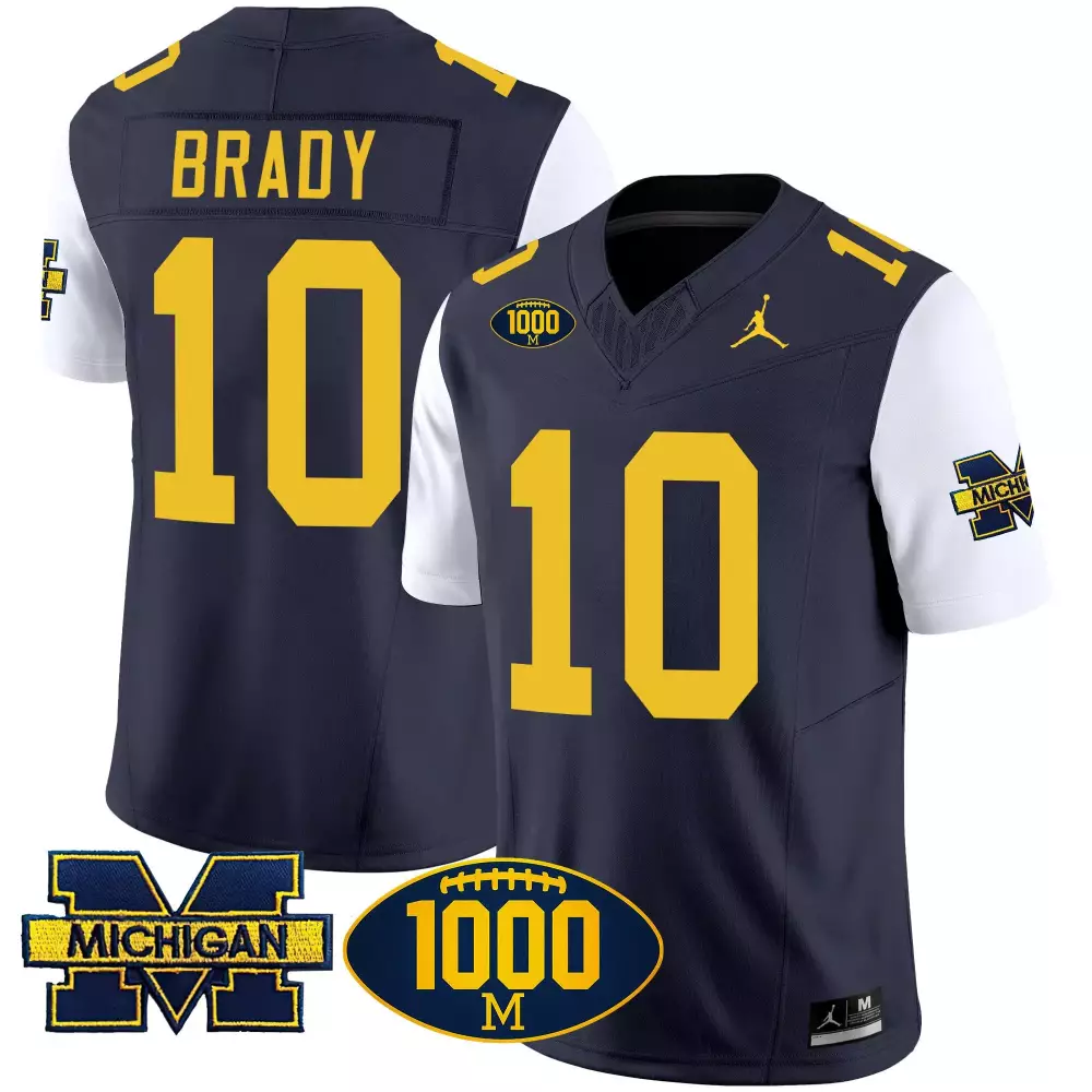 Tom Brady 10 Michigan Wolverines Jersey Navy Blue 1000 M Men Stitched Yellow White