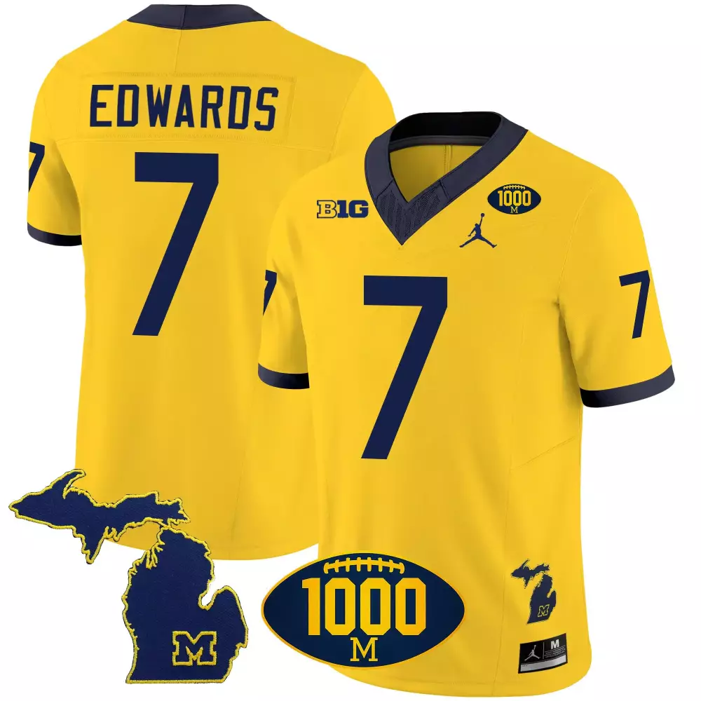 Donovan Edwards 7 Jersey Yellow 1000th Win Michigan Wolverines Big Map Men Navy Vapor