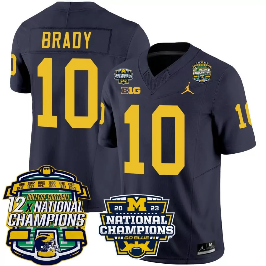Tom Brady 10 Michigan Wolverines Jersey Navy Blue 2023 National Champions 12x Men