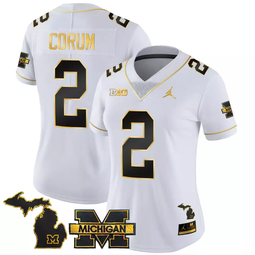 Blake Corum 2 Michigan Wolverines Jersey White Jordan Brand Big Women Black Gold
