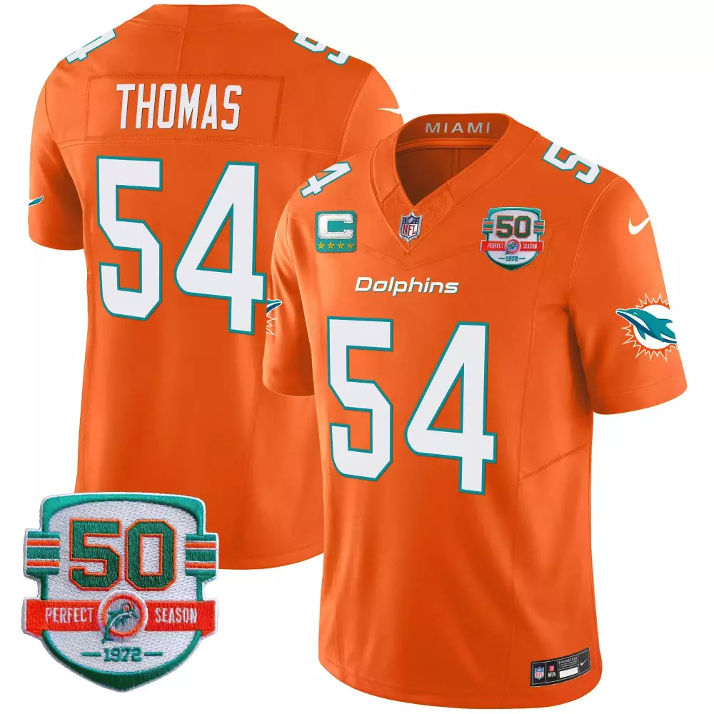 Zach Thomas 54 Dolphins Jersey Orange 50th Anniversary 50 Perfect Season 1972 Men