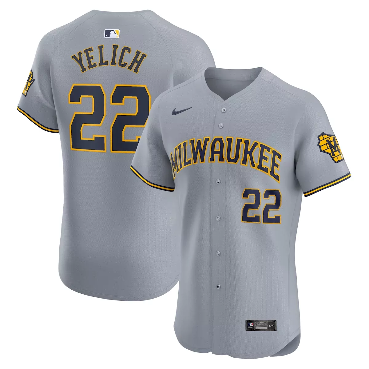 Christian Yelich 22 Jersey Grey Milwaukee Brewers Men Authentic Alternate Navy Yellow