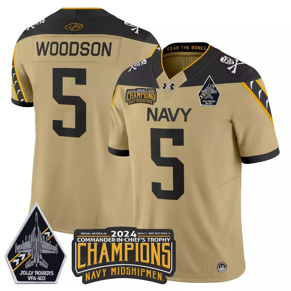 Woodson Midshipmen 5 Jersey Tan Commander-in-chief's Trophy Navy 2024 Jolly Rogers VFA-103