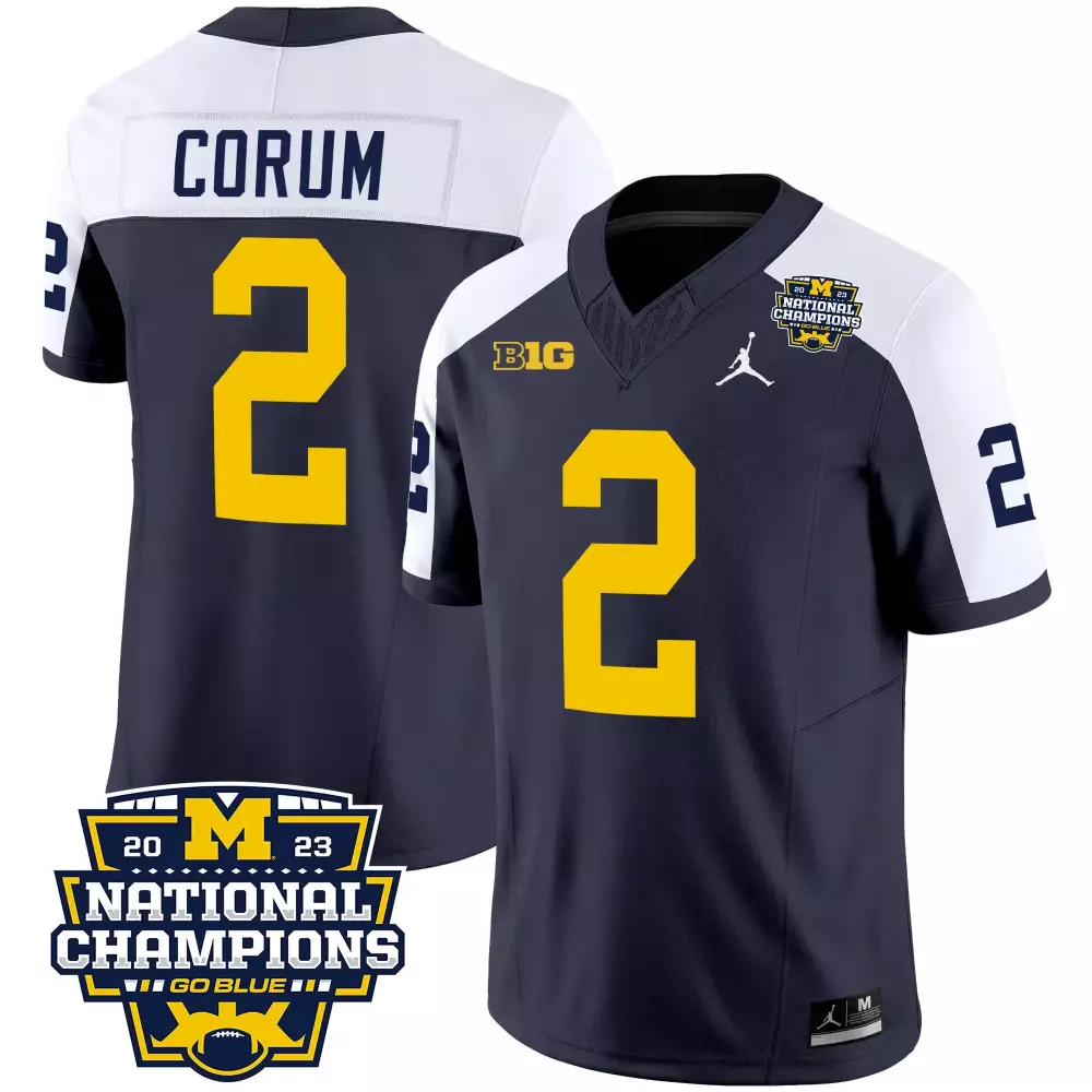 Blake Corum 2 Michigan Wolverines Jersey Navy Blue Jordan Brand 2023 National Champions