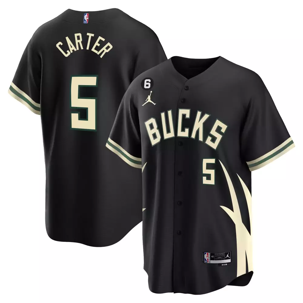 Carter 5 Milwaukee Bucks Jersey Black Men Authentic Custom Design Cream Green All