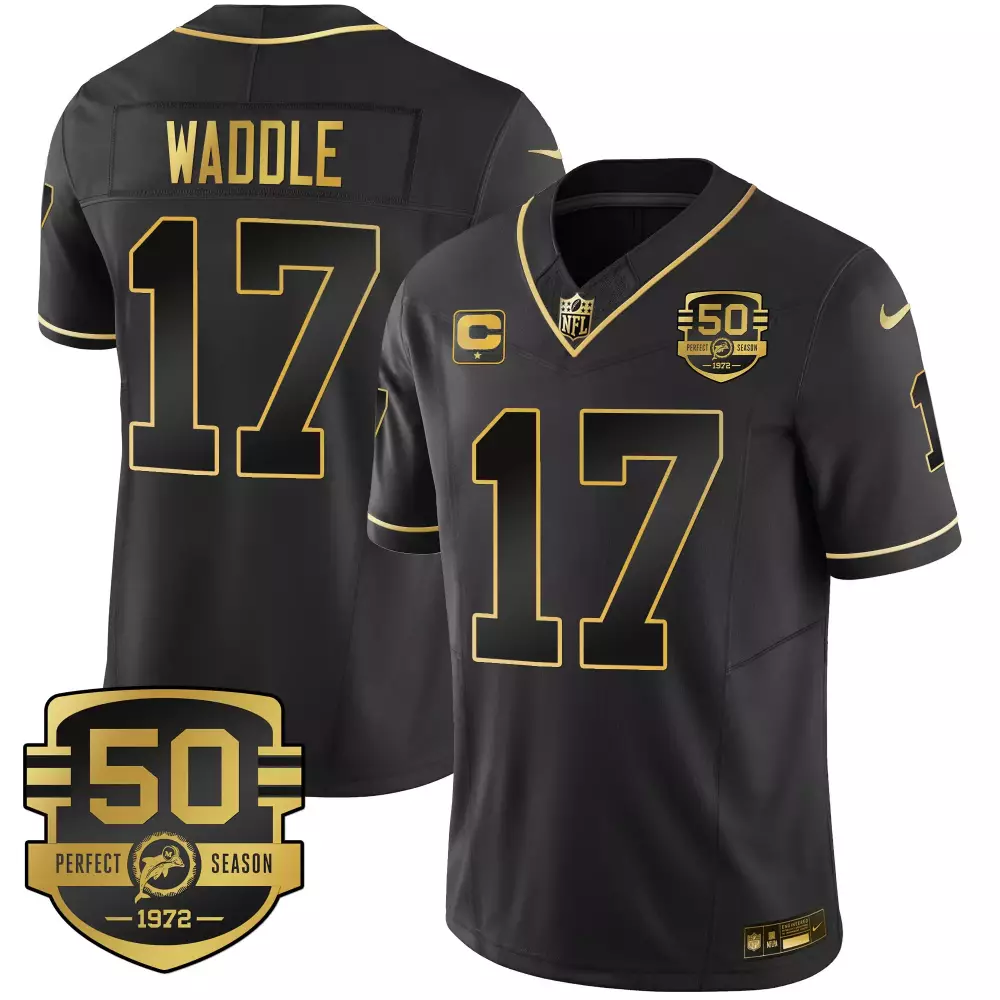 Jaylen Waddle 17 Miami Dolphins Jersey Black 50th Perfect Season 1972 Men NFL Gold