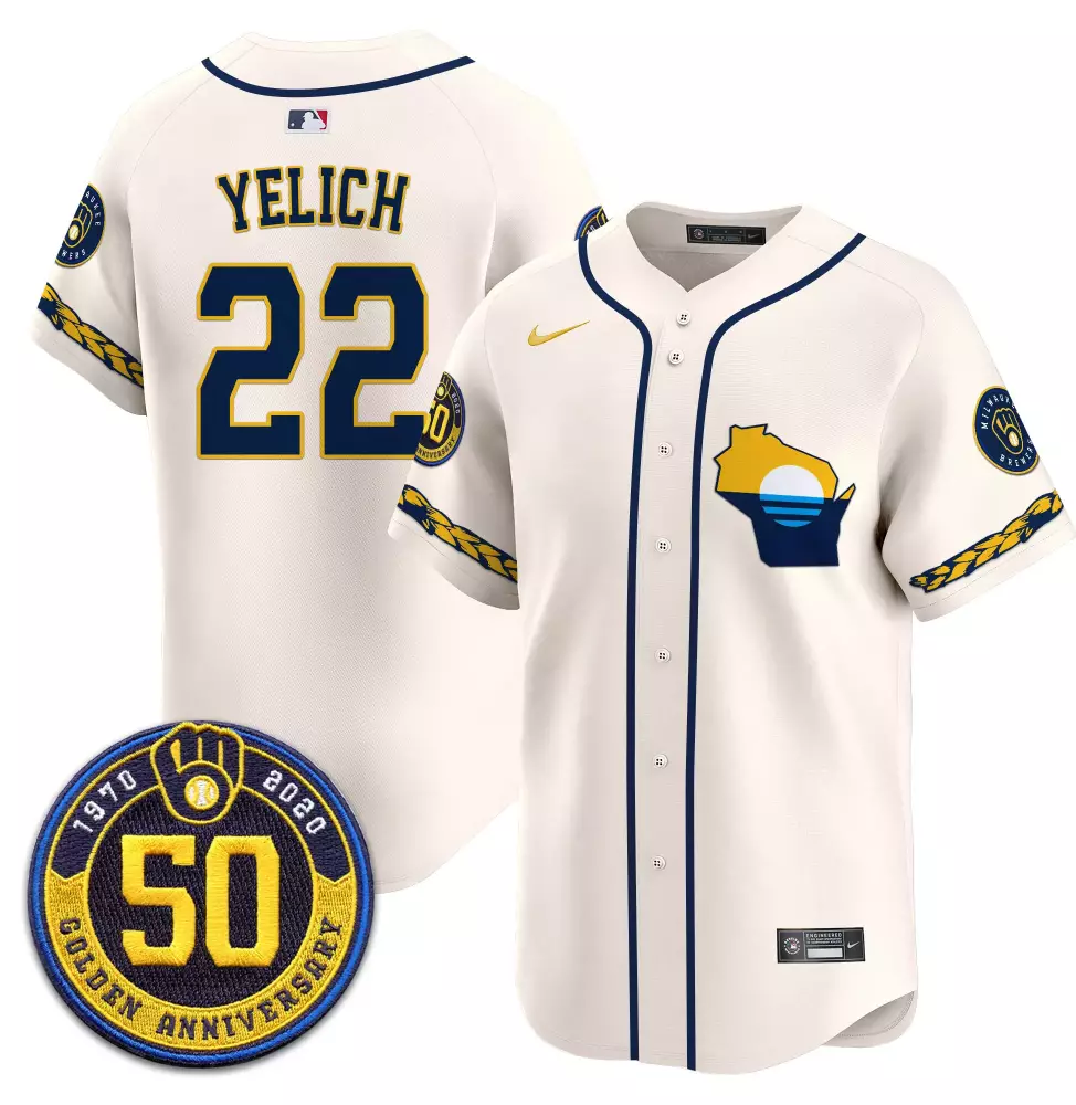 Christian Yelich 22 Jersey Cream Golden Anniversary Milwaukee Brewers 50th 2020 Men