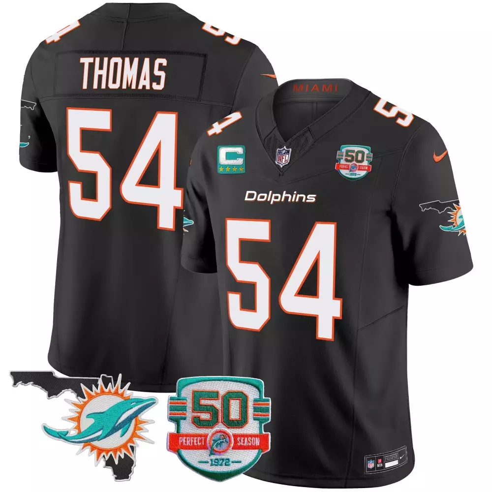 Zach Thomas 54 Dolphins Jersey Black 50th Anniversary Perfect Season Miami State Outline