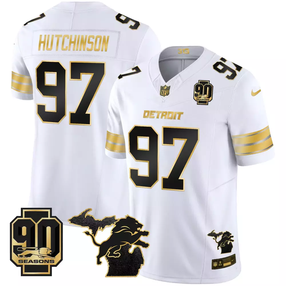 Aidan Hutchinson 97 Detroit Lions Jersey White 90th Anniversary 90 Seasons Michigan Outline Lion
