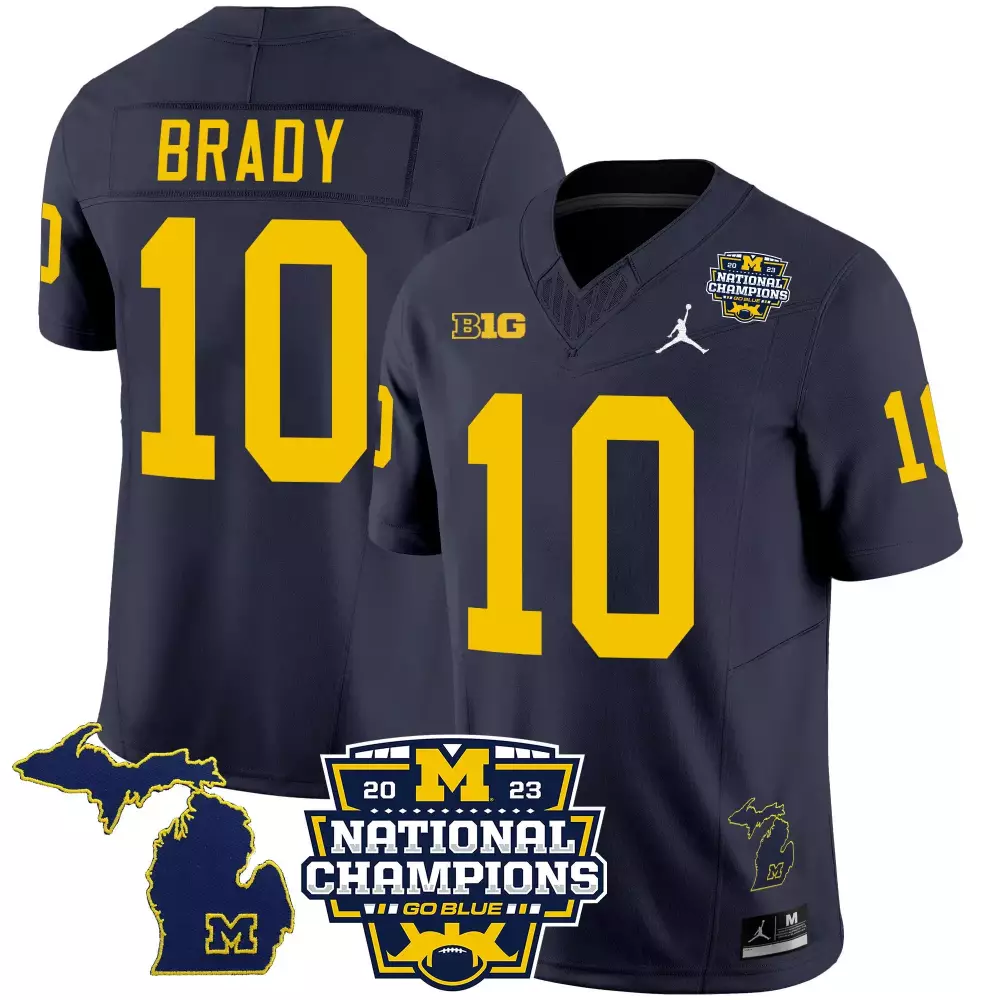 Tom Brady 10 Michigan Wolverines Jersey Navy Blue National Champions 2023 Men Authentic