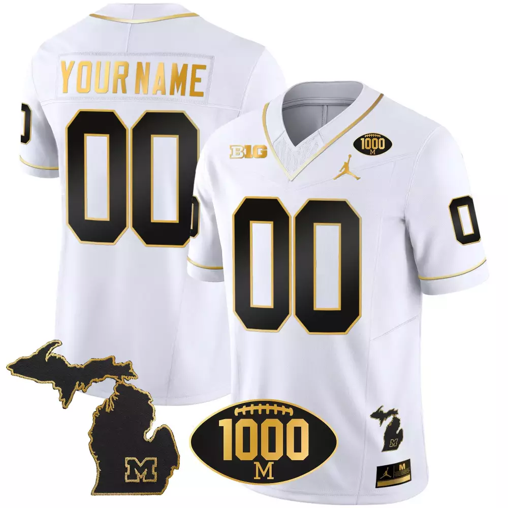 Custom Michigan Wolverines Jersey White 1000 M Map Outline Big Men Black Gold v2