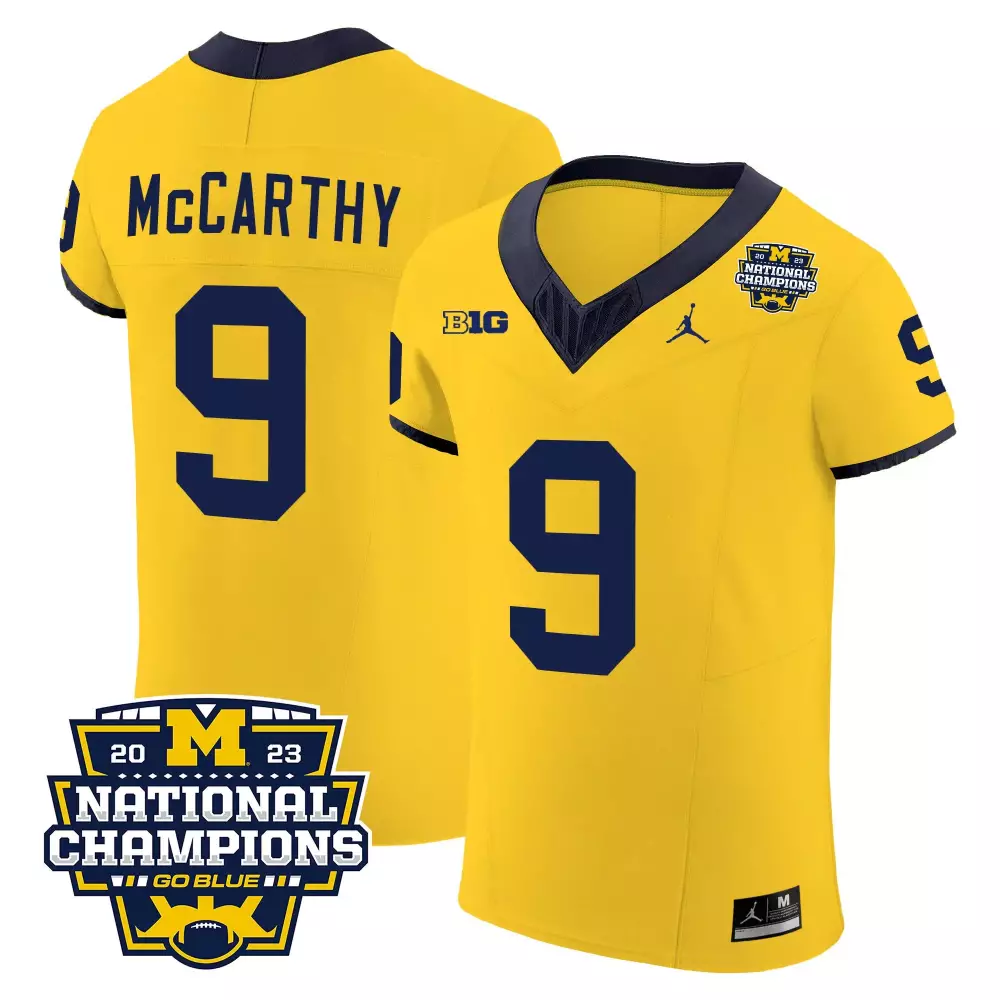 Jj Mccarthy 9 Michigan Wolverines Jersey Yellow 2023 National Champions Big Ten Men