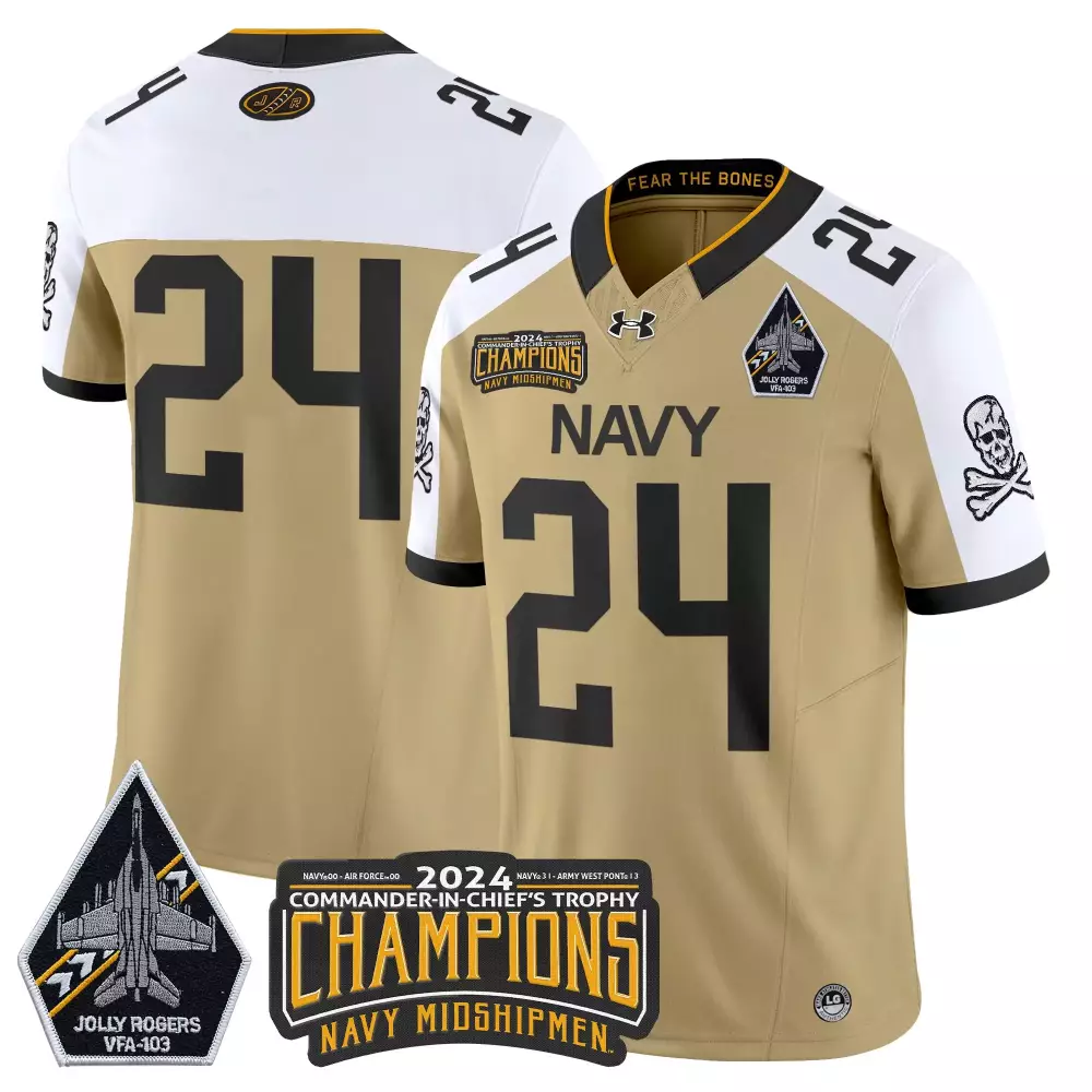 Custom Navy Midshipmen 24 Jersey Tan 2024 Commander-in-chief's Trophy Jolly Rogers VFA-103