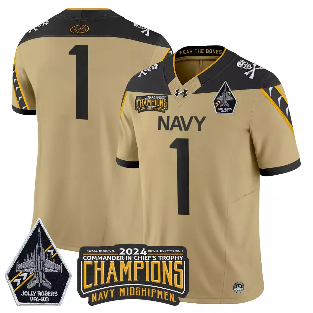 Custom Navy Midshipmen 1 Jersey Tan Jolly Rogers VFA-103 2024 Men Stitched Black