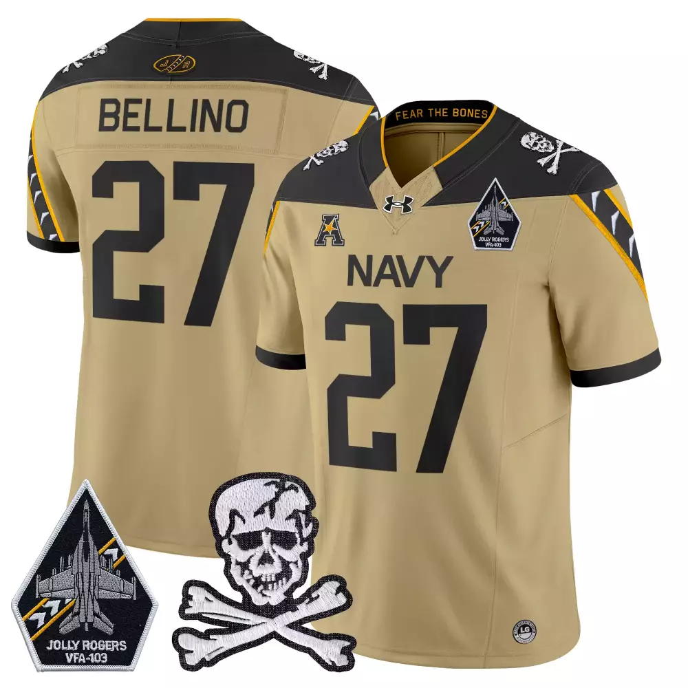 Bellino Midshipmen 27 Navy Jersey Tan Jolly Rogers VFA-103 Skull Crossbones Men Authentic
