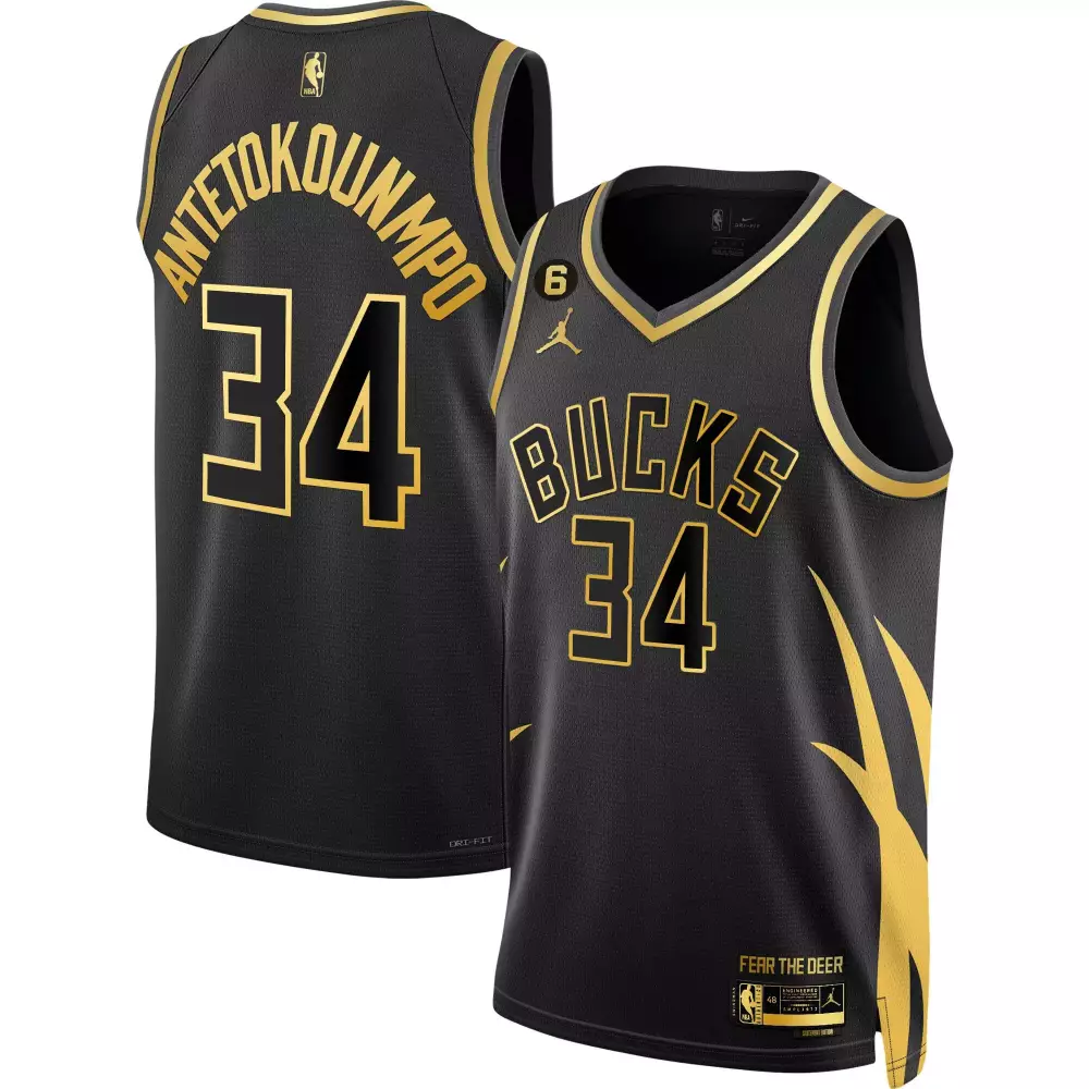 Giannis Antetokounmpo 34 Jersey Black Fear The Deer Milwaukee Bucks Men Stitched