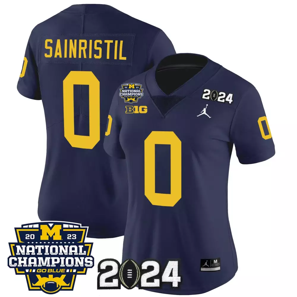 Mike Sainristil Jersey Navy Blue Michigan Wolverines 2023 National Champions Women