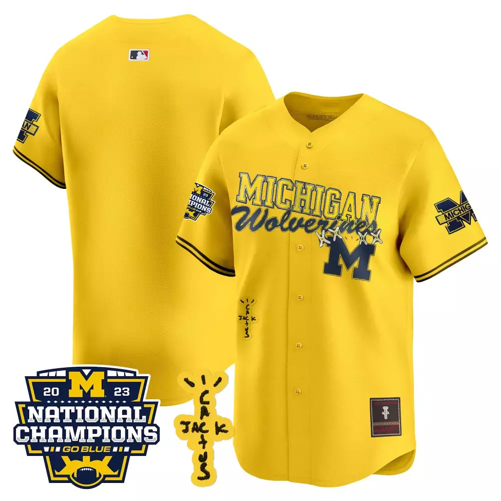 Jack Michigan Wolverines Jersey Yellow Cactus 2023 National Champions Men Navy Blue
