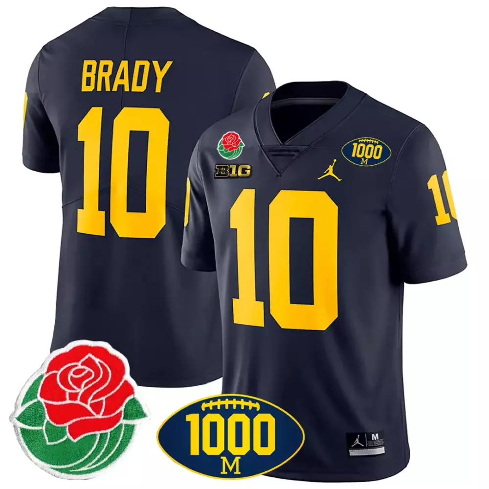 Tom Brady 10 Michigan Wolverines Jersey Navy Blue Rose Bowl 1000th Game Big Ten Men