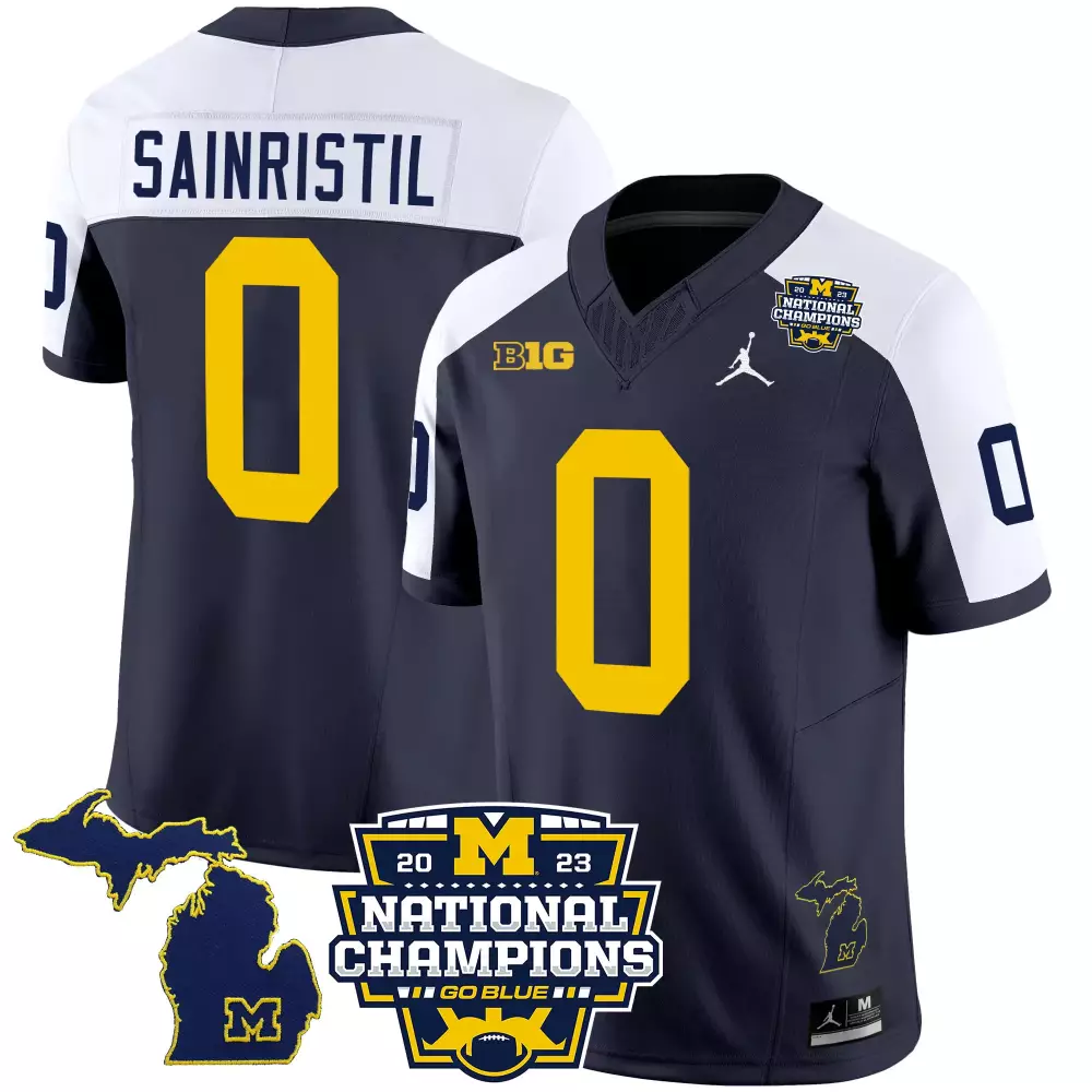 Mike Sainristil Jersey Navy Blue 2023 National Champions Michigan Wolverines Men