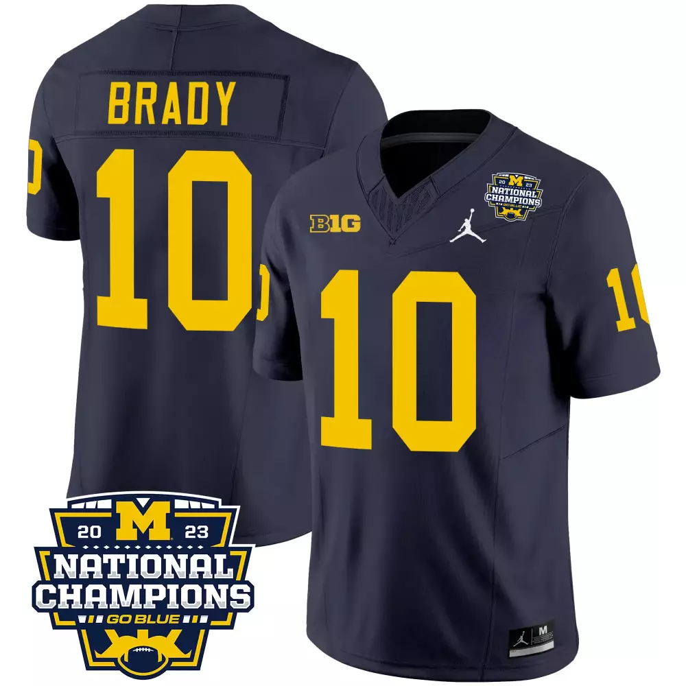 Tom Brady 10 Michigan Wolverines Jersey Navy Blue National Champions 2023 Men Authentic
