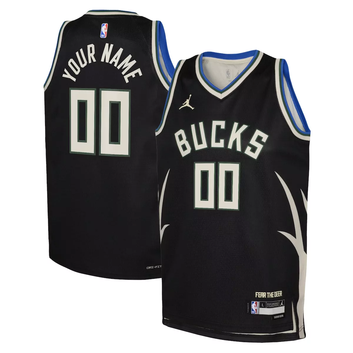 Custom Milwaukee Bucks Jersey Black Fear The Deer Men Stadium Edition White Green