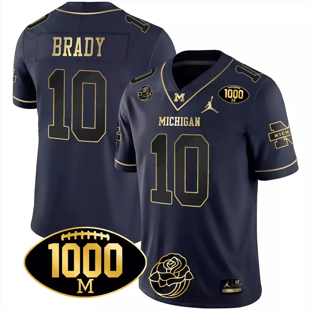 Tom Brady 10 Michigan Wolverines Jersey Navy Blue Rose Bowl 1000 Men Authentic Gold