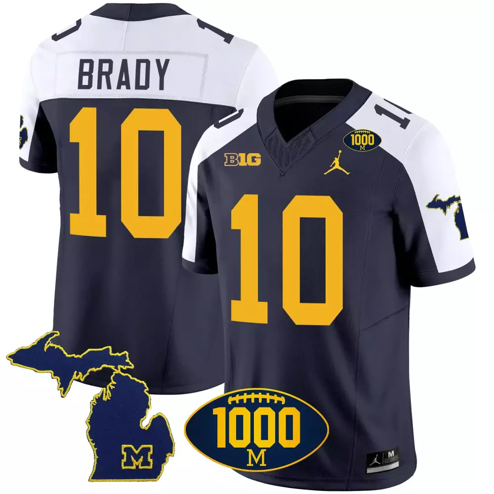 Tom Brady 10 Michigan Wolverines Jersey Navy State Outline Men Stitched Yellow White