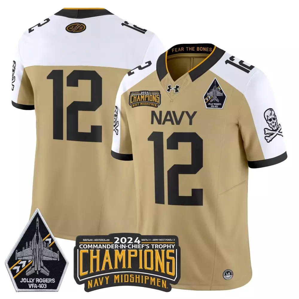 Custom Navy Midshipmen 12 Jersey Khaki 2024 Commander-in-chief's Trophy Jolly Rogers VFA-103