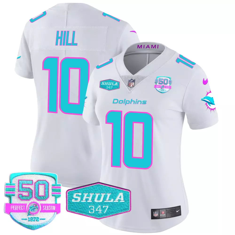 Tyreek Hill 10 Miami Dolphins Jersey White 50 Perfect Season 1972 Shula 347 Men Aqua