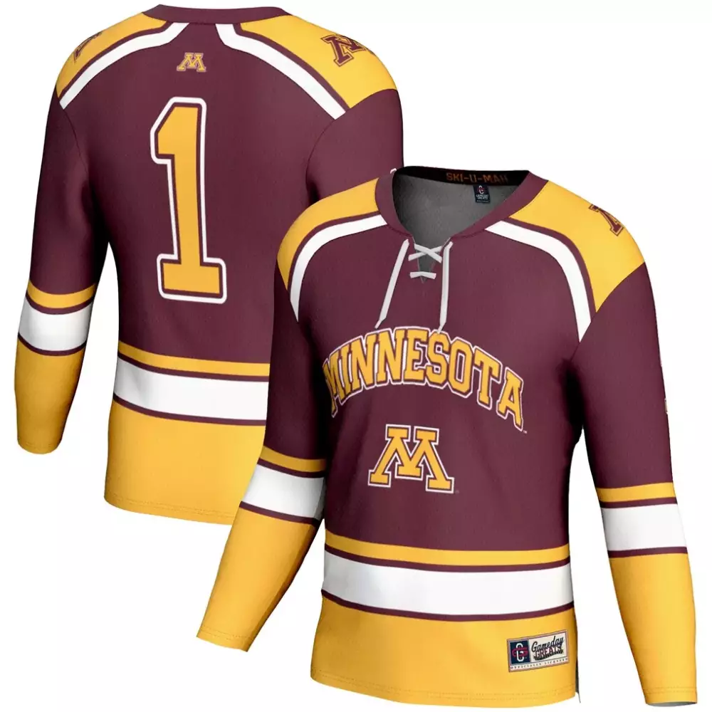 Custom Minnesota Golden Gophers 1 Jersey Maroon Ski-u-man Men Replica Gold White