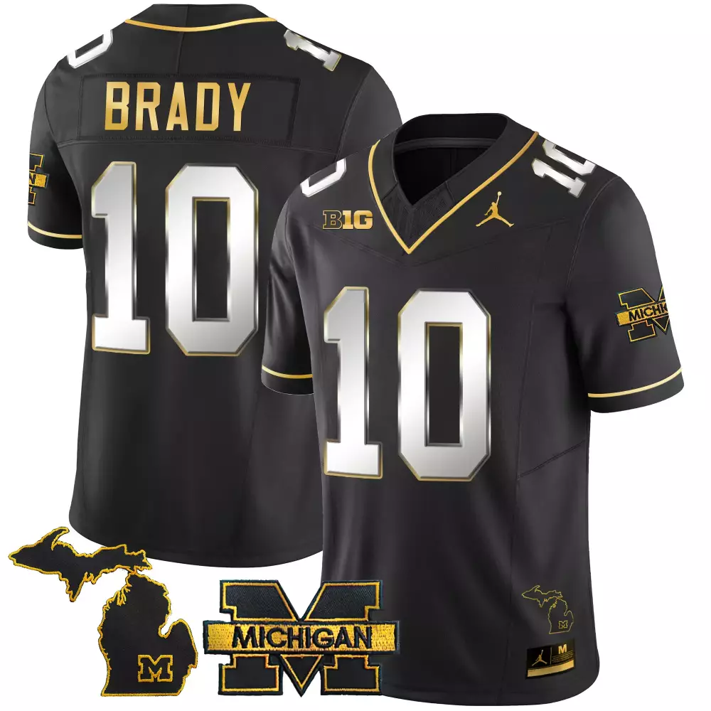 Tom Brady 10 Michigan Jersey Black Jordan Brand State Outline Men Gold White Stitched