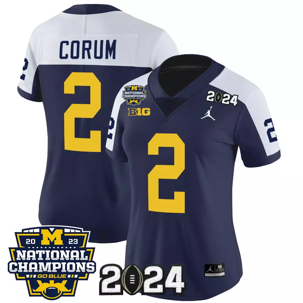 Blake Corum 2 Michigan Wolverines Jersey Navy Blue National Champions 2023-2024 Big Ten