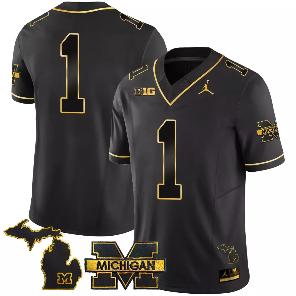 Michigan Wolverines 1 Jersey Black State Outline Big Ten Men Gold Stitched