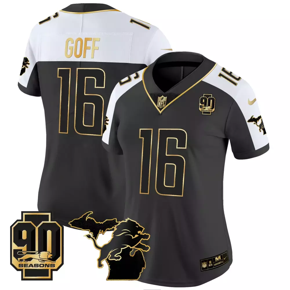 Jared Goff 16 Detroit Lions Jersey Black 90th Season 2023 Men Alternate Split Design