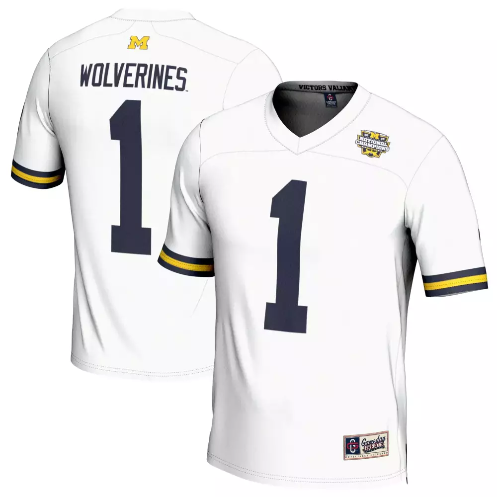 Michigan Wolverines 1 Jersey White 2024 Cfp National Championship Men Navy Yellow