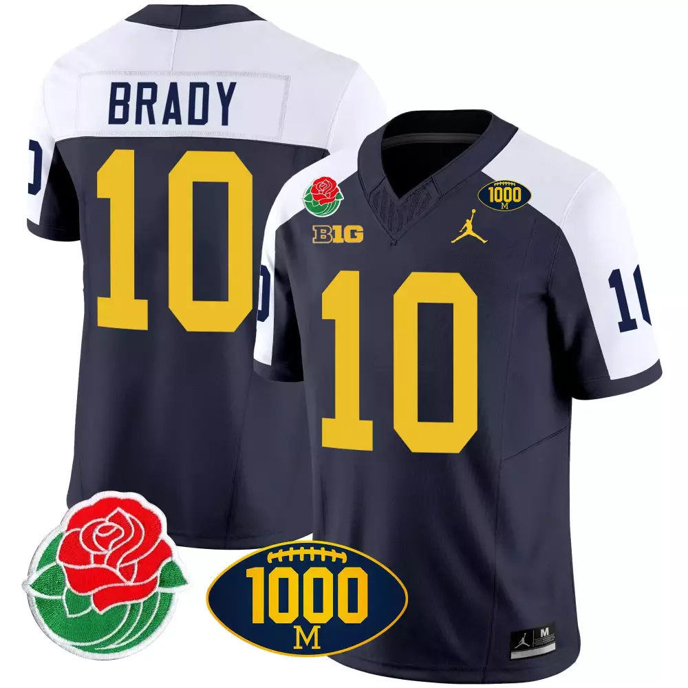 Tom Brady 10 Michigan Wolverines Jersey Navy Blue Rose Bowl Big Men Authentic Yellow