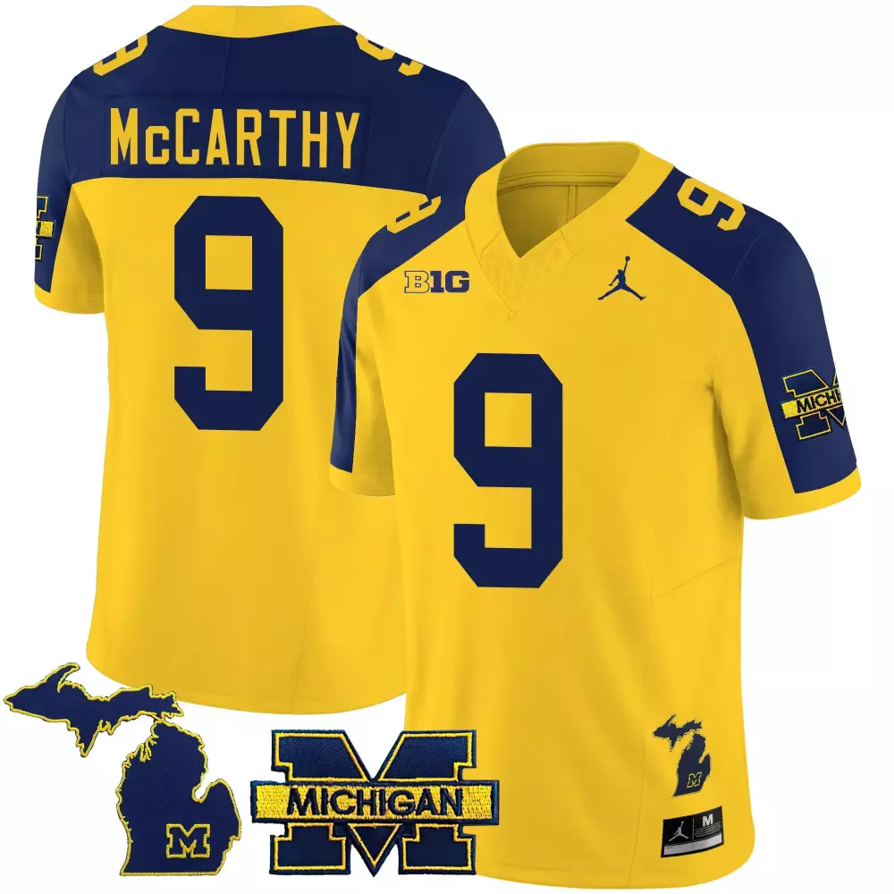 Jj Mccarthy 9 Michigan Wolverines Jersey Yellow Jordan Brand X Big State Outline