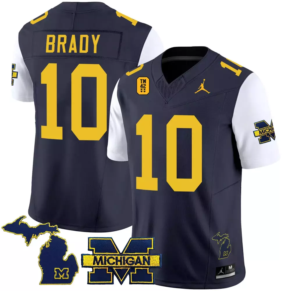 Tom Brady 10 Michigan Wolverines Jersey Navy Blue State Outline Tm 42 Men Stitched