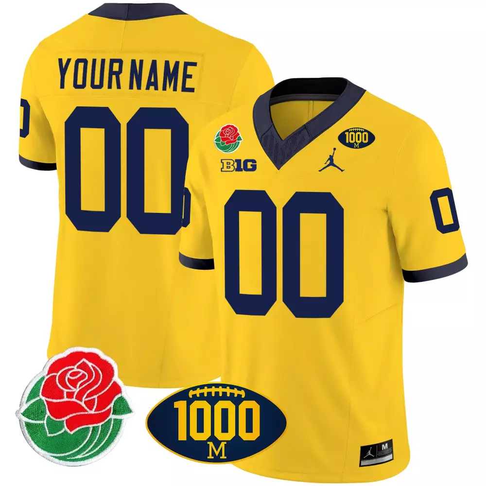Custom Michigan Wolverines Jersey Yellow Rose Bowl 1000M Big 10 Men Navy Vapor All