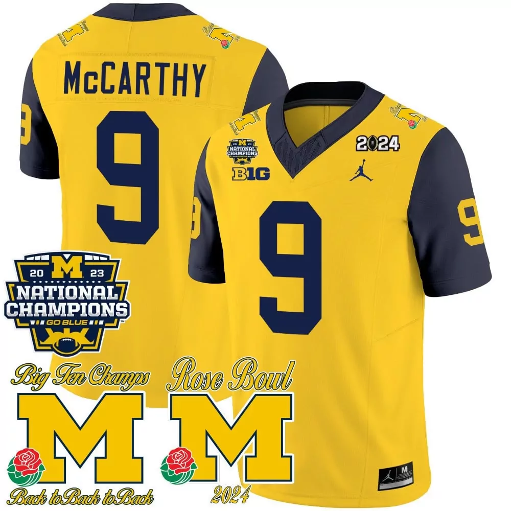 J Mccarthy 9 Michigan Wolverines Jersey Yellow 2024 Rose Bowl 2023 National Champions Big Ten