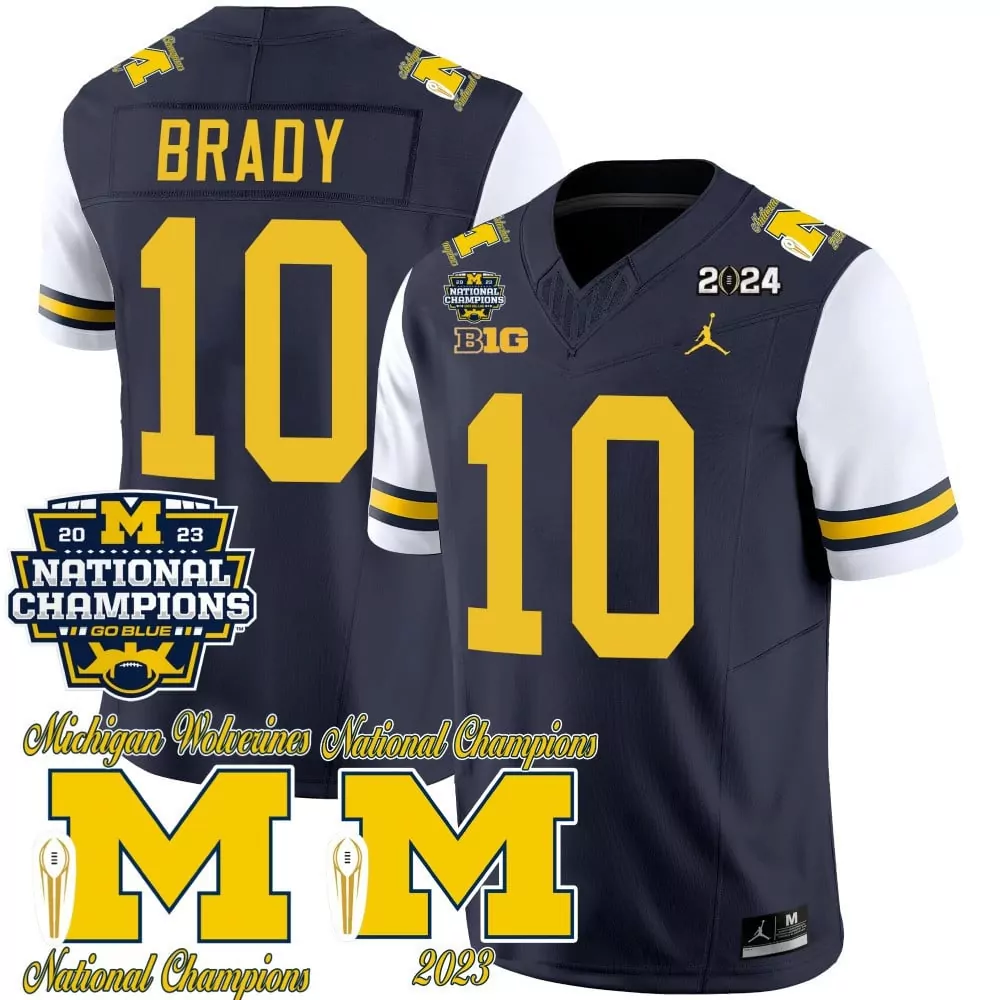 Tom Brady 10 Michigan Wolverines Jersey Navy Blue National Champions 2023 Big Ten