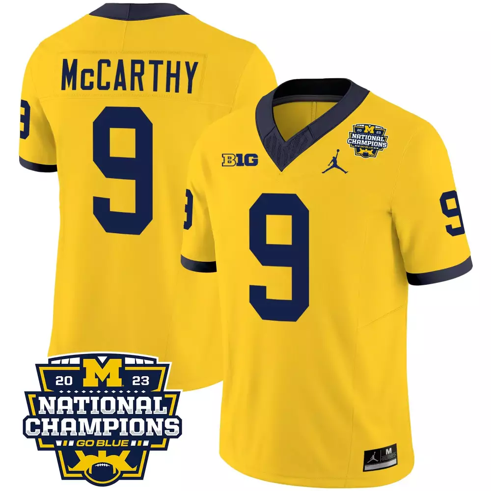 Jj Mccarthy 9 Michigan Wolverines Jersey Yellow National Champions 2023 Men Navy