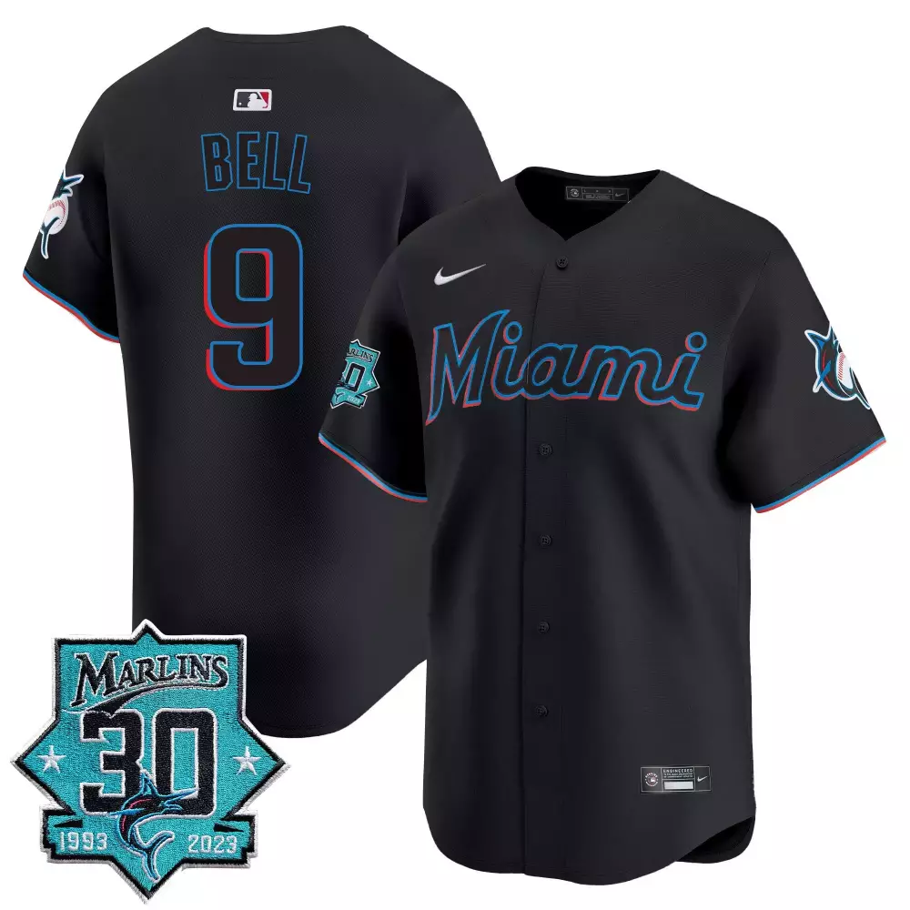 Josh Bell 9 Miami Marlins Jersey Black 30th Anniversary 1993-2023 Men Teal Pink Vapor