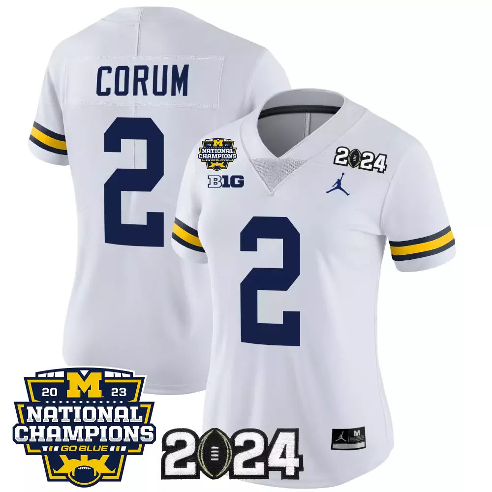 Blake Corum 2 Michigan Wolverines Jersey White 2024 2023-2024 National Champions Big Ten