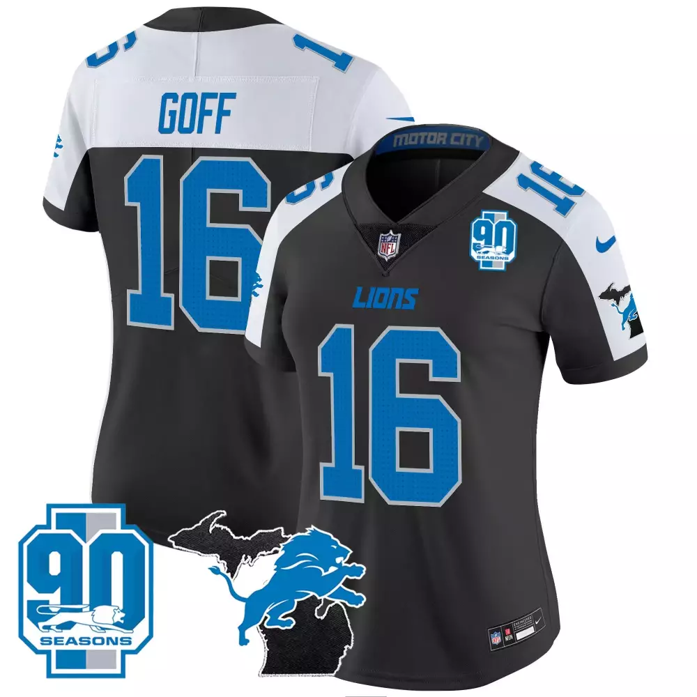 Jared Goff 16 Lions Jersey Black 90 Seasons Men Standard Split Design White Blue